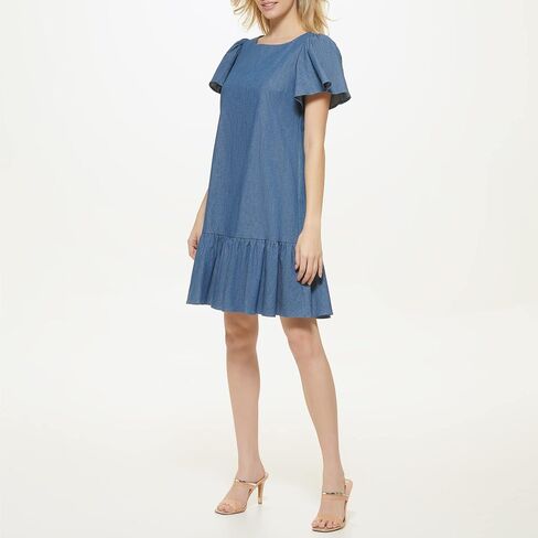 DKNY Women's Short Sleeve Ruffled Denim Dress in Saudi Arabia