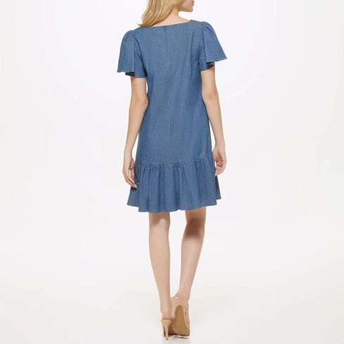 DKNY Women's Short Sleeve Ruffled Denim Dress in Saudi Arabia