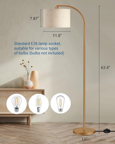 مصابيح أرضية مقوسة ذهبية من DEWENWILS لغرفة المعيشة، مصباح قوس قائم بوهو مع عاكس الضوء قابل للتعديل، ضوء قراءة حديث في منتصف القرن مع مفتاح القدم لغرفة النوم، المكتب المنزلي، الحضانة in Kuwait