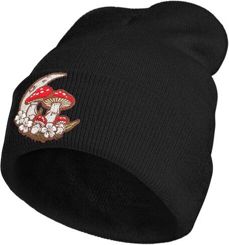 Moon Mushroom Floral Embroidery Beanie Knit Hat for Men Women, Casual Skull Knit Cap in Saudi Arabia