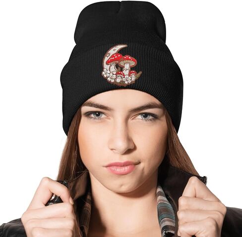 Moon Mushroom Floral Embroidery Beanie Knit Hat for Men Women, Casual Skull Knit Cap in Saudi Arabia
