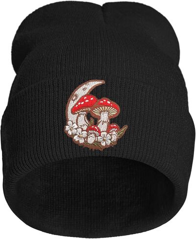 Moon Mushroom Floral Embroidery Beanie Knit Hat for Men Women, Casual Skull Knit Cap in Saudi Arabia