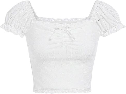 Verdusa Girl's Ruched Crop Tees Tie Knot Tee Tops Short Puff Sleeve T Shirts in Saudi Arabia