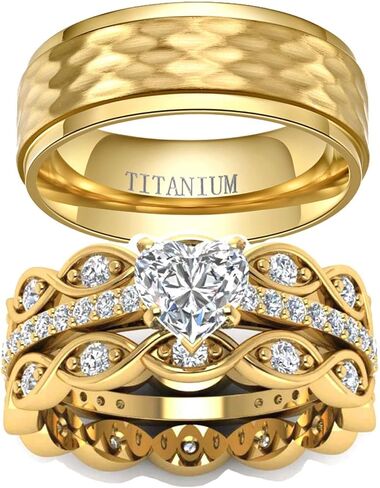 LOVERSRING 3pc Couple Ring Bridal Sets Women 14k Yellow Gold Plated Cz Man Titanium Band Wedding Ring Sets for Him and Her in Saudi Arabia