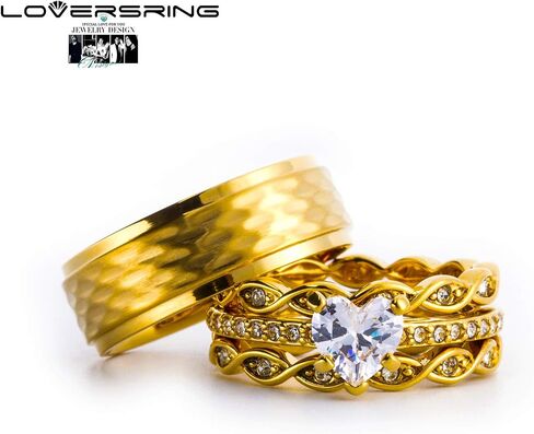 LOVERSRING 3pc Couple Ring Bridal Sets Women 14k Yellow Gold Plated Cz Man Titanium Band Wedding Ring Sets for Him and Her in Saudi Arabia