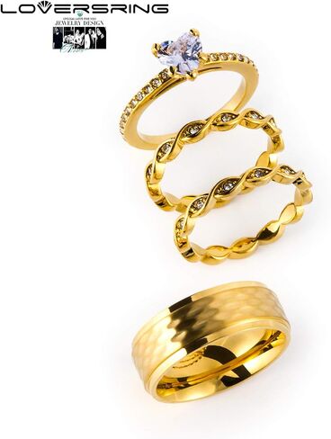 LOVERSRING 3pc Couple Ring Bridal Sets Women 14k Yellow Gold Plated Cz Man Titanium Band Wedding Ring Sets for Him and Her in Saudi Arabia