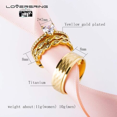 LOVERSRING 3pc Couple Ring Bridal Sets Women 14k Yellow Gold Plated Cz Man Titanium Band Wedding Ring Sets for Him and Her in Saudi Arabia