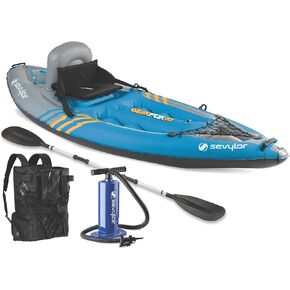Sevylor QuickPak K1 1-Person Inflatable Kayak, Kayak Folds into Backpack with 5-Minute Setup, 21-Gauge PVC Construction; Hand Pump & Paddle Included