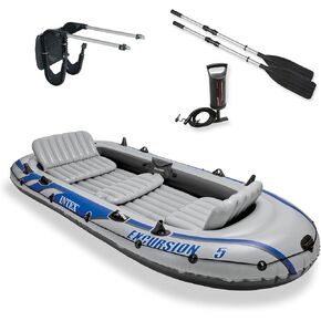 Intex Excursion 5 Person Inflatable Outdoor Fishing Raft Boat Set with 2 Aluminum Oars and Air Pump with a Intex Composite Motor Mount Kit