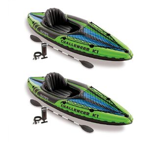 Intex Challenger K1 1 Person Durable Vinyl Streamline Sporty Kayak with Inflatable Seat and Backrest, Oar, Pump, Carrying Bag, and Repair Kit (2 Pack)
