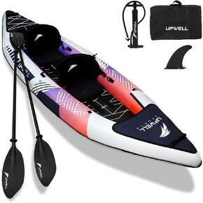 UPWELL 13'6"/11' Inflatable Recreational Kayak - 2 Person with Drop Stitch Floor and Accessories Including Kayak Seats with High Back Support, Paddle, Fin, Repair Kits, Carry Bag and Hand Pump