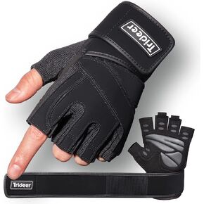 Trideer Padded Workout Gloves for Men - Gym Weight Lifting Gloves with Wrist Wrap Support, Full Palm Protection & Extra Grips for Weightlifting, Exercise, Cross Training, Fitness, Pull-up