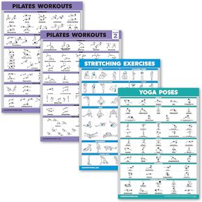 4 Pack - Pilates Workout Volume 1 & 2 + Stretching + Yoga Poses - Exercise Poster Set