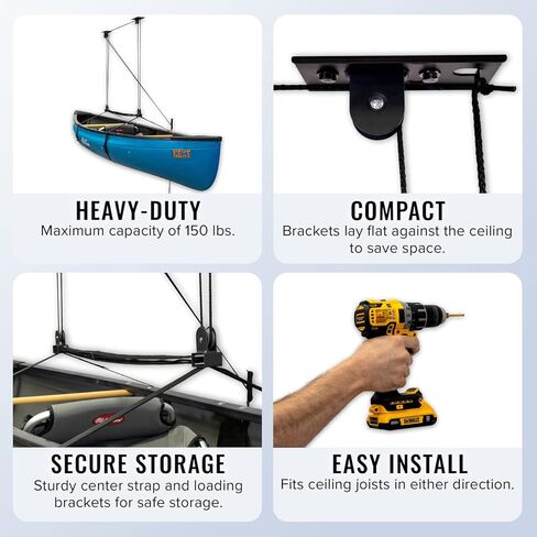 نظام بكرة السقف من StoreYourBoard Kayak وCanoe، رافعة تخزين مثبتة على المرآب، شديدة التحمل تحمل 150 رطل، منظم داخلي in Saudi Arabia