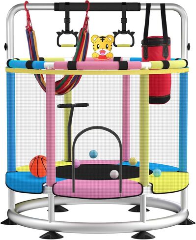 Trampoline for Kids, Update T-handrail Adjustable Baby Toddler Trampoline with Basketball Hoop, 440lbs Anti-Rollover Round Bottom Indoor Outdoor Toddler Trampoline with Enclosure in Saudi Arabia