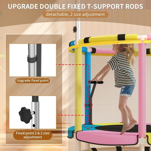 Trampoline for Kids, Update T-handrail Adjustable Baby Toddler Trampoline with Basketball Hoop, 440lbs Anti-Rollover Round Bottom Indoor Outdoor Toddler Trampoline with Enclosure in Saudi Arabia