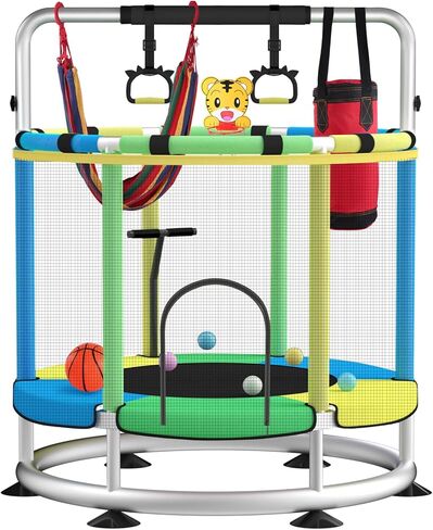 Trampoline for Kids, Update T-handrail Adjustable Baby Toddler Trampoline with Basketball Hoop, 440lbs Anti-Rollover Round Bottom Indoor Outdoor Toddler Trampoline with Enclosure in Saudi Arabia