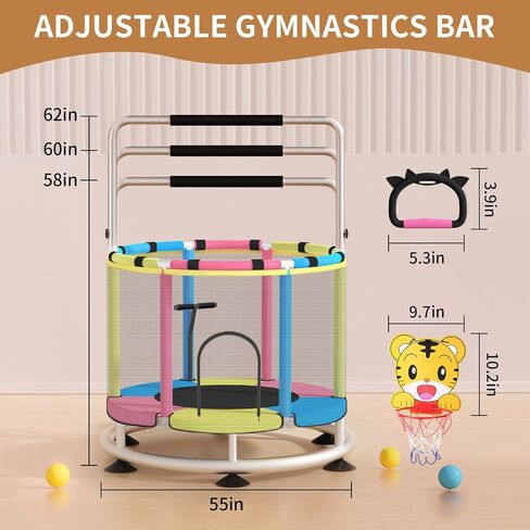 Trampoline for Kids, Update T-handrail Adjustable Baby Toddler Trampoline with Basketball Hoop, 440lbs Anti-Rollover Round Bottom Indoor Outdoor Toddler Trampoline with Enclosure in Saudi Arabia