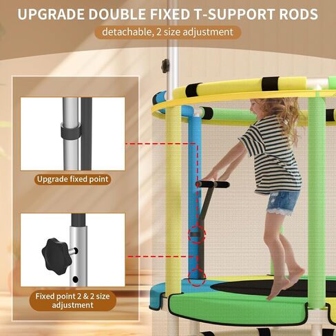Trampoline for Kids, Update T-handrail Adjustable Baby Toddler Trampoline with Basketball Hoop, 440lbs Anti-Rollover Round Bottom Indoor Outdoor Toddler Trampoline with Enclosure in Saudi Arabia