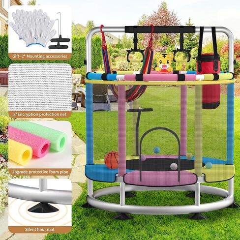 Trampoline for Kids, Update T-handrail Adjustable Baby Toddler Trampoline with Basketball Hoop, 440lbs Anti-Rollover Round Bottom Indoor Outdoor Toddler Trampoline with Enclosure in Saudi Arabia