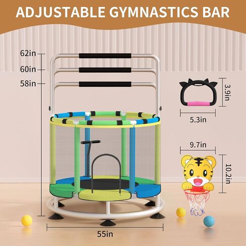 Trampoline for Kids, Update T-handrail Adjustable Baby Toddler Trampoline with Basketball Hoop, 440lbs Anti-Rollover Round Bottom Indoor Outdoor Toddler Trampoline with Enclosure in Saudi Arabia