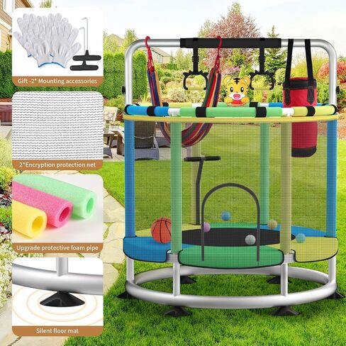 Trampoline for Kids, Update T-handrail Adjustable Baby Toddler Trampoline with Basketball Hoop, 440lbs Anti-Rollover Round Bottom Indoor Outdoor Toddler Trampoline with Enclosure in Saudi Arabia
