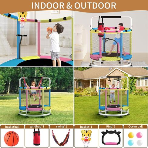 Trampoline for Kids, Update T-handrail Adjustable Baby Toddler Trampoline with Basketball Hoop, 440lbs Anti-Rollover Round Bottom Indoor Outdoor Toddler Trampoline with Enclosure in Saudi Arabia
