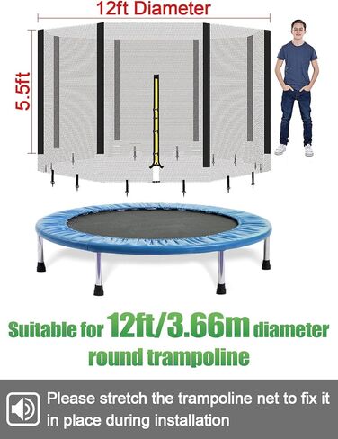 شبكة ترامبولين بطول 12 قدم - شبكة أمان بديلة لـ 8 أقطاب إطارات دائرية للترامبولين، وأجزاء شبكة حاجز ترامبولين من النايلون مع سحاب مزدوج وأبازيم حماية باللون الأسود in Kuwait