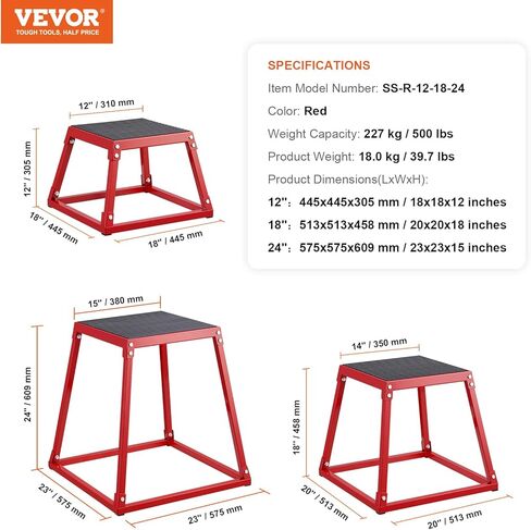 VEVOR Plyometric Jump Boxes, 12/18/24 Inch Plyo Box, Platform and Jumping Agility Box, Anti-Slip Fitness Exercise Step Up Box Set for Home Gym Training, Conditioning Strength Training, Red in Kuwait