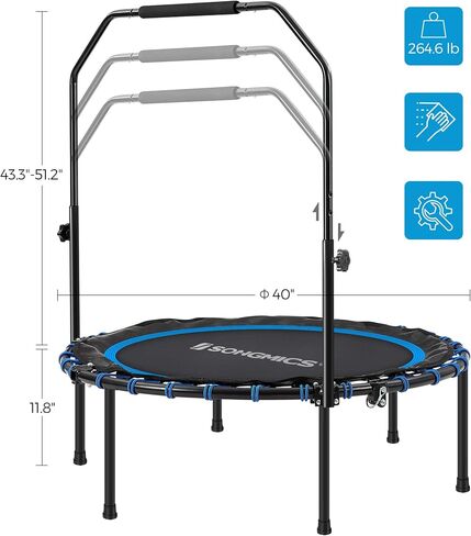 SONGMICS 40 Inches Mini Fitness Trampoline, Fitness Rebounder with Adjustable Handrail, Foldable Trampoline for At-Home Workout, Max. Load 264.6 lb in Kuwait