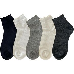 zrylibya Women Cute Hollow Out Crochet Ankle Socks Scalloped Pointelle Solid Color Basic Casual Socks 5 Pairs
