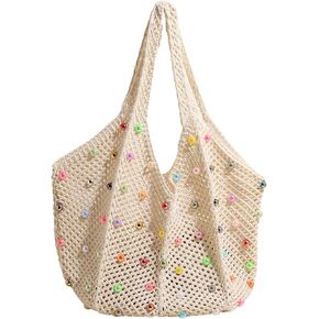 Boho Crochet Beach Tote Shoulder Bag with Colored Beads | Colorful Aesthetic Hippie Knit Bag for Women