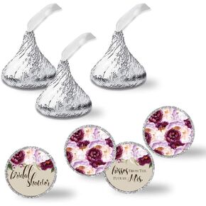 Deep Violet Watercolor Floral Bridal Kiss Sticker Labels, 300 Party Circle Sticker Sized 0.75" for Chocolate Drop Kisses by AmandaCreation, Great for Party Favors, Envelope Seals & Goodie Bags