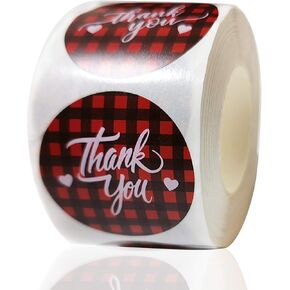 1.5" Thank You Stickers Labels Roll Buffalo Plaid Christmas 4 Designs Round Label Stickers Envelope Seal Xmas Decorative Small Business Stickers for Cards Envelopes Boutiques,500 Labels Per Roll