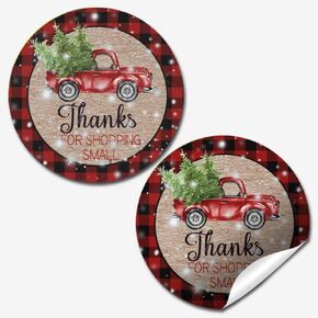 Red Plaid Snowy Christmas Pickup Truck Thank You Customer Appreciation Sticker Labels for Small Businesses, 60 1.5" Circle Stickers by AmandaCreation, for Envelopes, Postcards, Direct Mail, More!