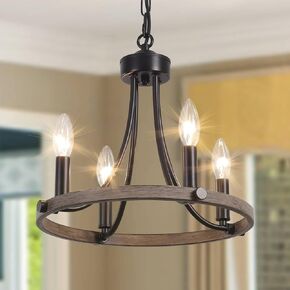 Wagon Wheel Chandelier for Dining Room, Black Farmhouse Chandelier 4 Lights Round Pendant Light, Rustic Hanging Light Fixtures for Kitchen Island Foyer Hallway