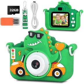 Dinosaur Kids Camera for Boys Girls, 1080P HD Dual Lens Toddler Camera with Protective Cover, 32G SD Card, Selfie Digital Video Camera, Christmas Birthday Children Gifts for 3-12 Years Old