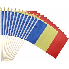 25Pack Small Romania Flag Handheld Mini Romanian Flags on Stick 5x8 Inch