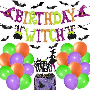 Halloween Birthday Witch Banner with Witch Cake Topper 12 Pieces 3D Bats Props Decoration 24 Pcs Balloons for Ghost Zombie Vampire Haunted House Halloween Birthday Party Supplies in Kuwait