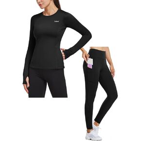 BALEAF Thermal Shirts and Leggings for Women Warm Winter Outdoor Running Gear Soft Black Leggings Black Tops Size S