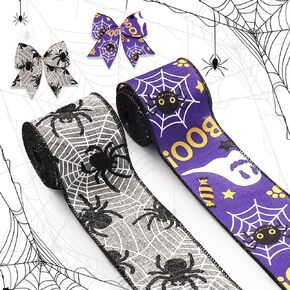 2 Rolls Halloween Fabric Ribbons Halloween Burlap Linen Ribbons Black Gold Spider Web Pumpkin Face Dot Edge Wired Decor Ribbons for Halloween Party Decoration Gift Wrapping Crafts Supplies 5 Yards