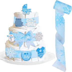 Winter Pink Snowflake Diaper Cake Decorations Kit for Baby Shower, Snowflake Patterned Ribbons 5 Yards, Baby It's Cold Outside Cards Gender Reveal Party Decorations Supplies