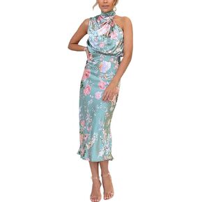 IDOPIP Women Formal Halter Satin Dress Floral Elegant Summer Bridesmaid Midi Dress Evening Party Cocktail Wedding Guest Dress