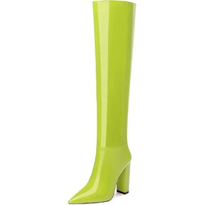 ROSERWISH Pointed Toe Knee High Boots Women Chunky Block Heel Wide Calf Pull On Tall Boots Patent 4 Inch for Work Date Dress Party Shoes