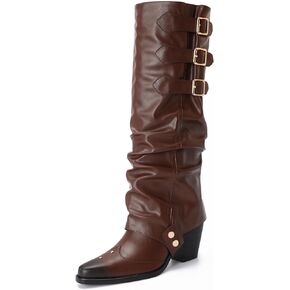 Western Cowboy Knee High Boots for Women, and Chunky Sole Block Heel Pointed Toe Two-ways Wear Tall Shoes, and Soft Vintage Antique Burnished PU Leather Classic Retro Long Boots
