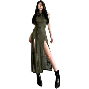 Women's Gothic Desert Walker Hooded Sleeveless Dress Y2K Punk Side Split Hollow Out Midi Dress Party Club Streetwear