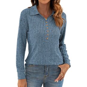 Poetsky Womens Lightweight Sweater Long Sleeve Fall Winter Button Collared Tunic Tops