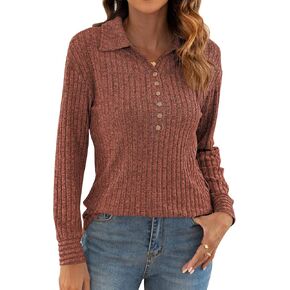 Poetsky Womens Lightweight Sweater Long Sleeve Fall Winter Button Collared Tunic Tops