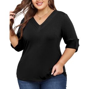 Women Plus Size Tops Pleated V Neck Shirts Roll Up 3/4 Sleeve Casual Fall Tunic Top Dressy Blouses
