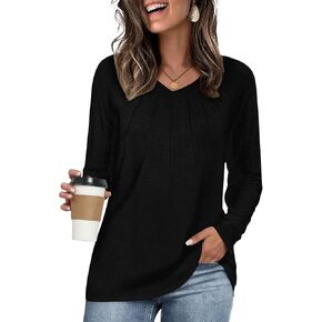 LAOLASI Long Sleeve Shirts for Women Fall Tops Casual Dressy Blouses Fashion Pleated 2024 V Neck Tunic Tops for Leggings